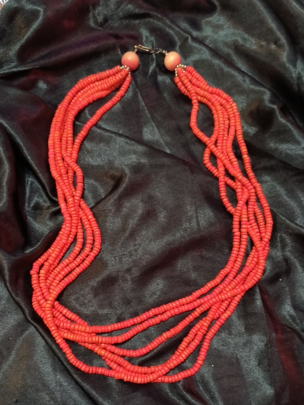 Vintage Silver 28" 6-strand  Handmade Coral Colored Beaded  Wood Necklace